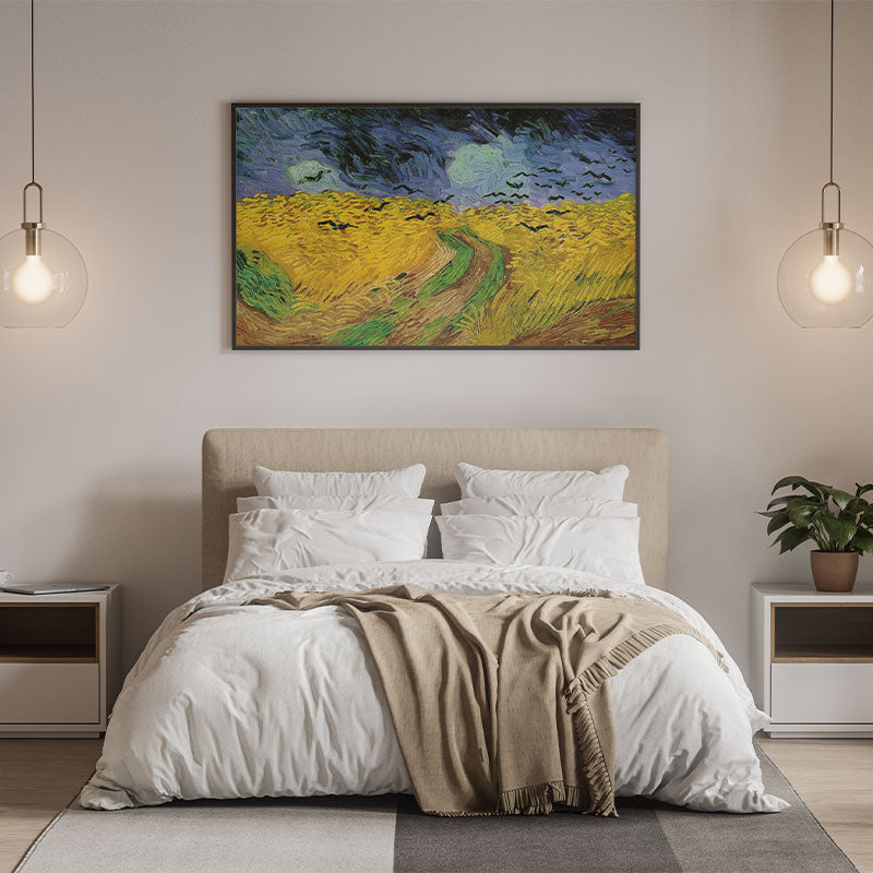 Quadro Campo De Trigo Com Corvos Pendurando Acima de Cama de Casal.