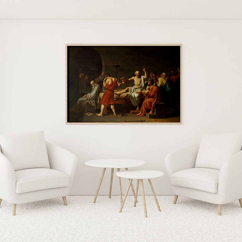 Quadro Decorativo A Morte de Sócrates Pendurado em Parede Branca.