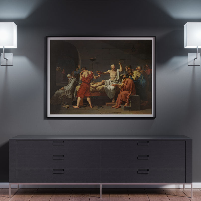 Quadro Decorativo A Morte de Sócrates Pendurado em Parede Preta.