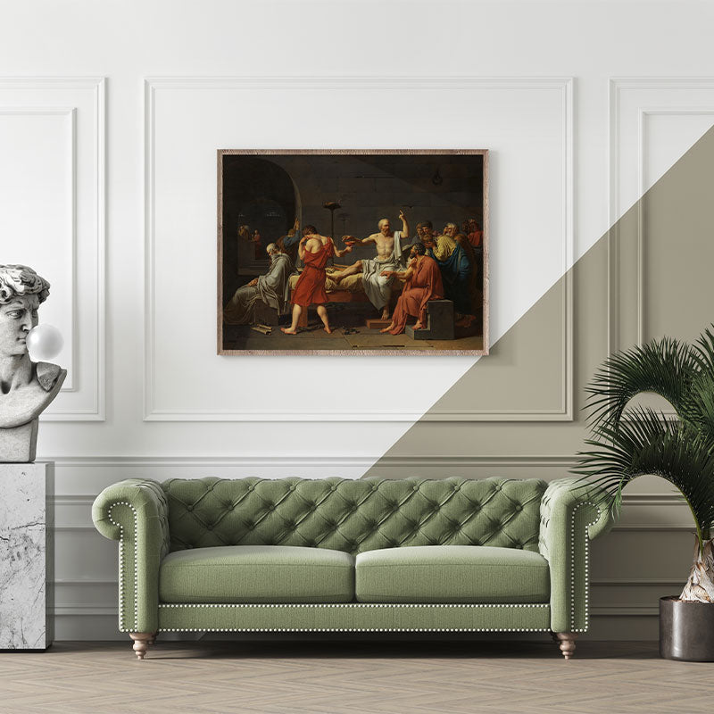 Quadro Decorativo A Morte de Sócrates Pendurado Acima de Sofá Verde.