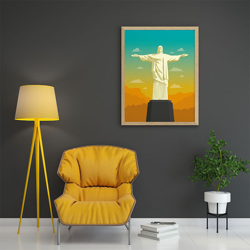 Quadro Decorativo Cristo Redentor Pendurado Acima de Cadeira Amarela