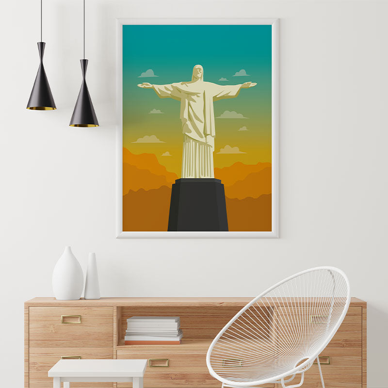 Quadro Decorativo Cristo Redentor Pendurado Acima de Móvel de Madeira.