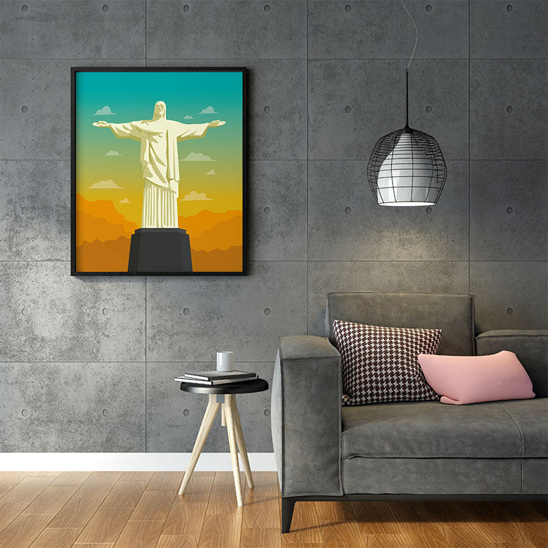 Quadro Decorativo Cristo Redentor Pendurado em Parede Cinza