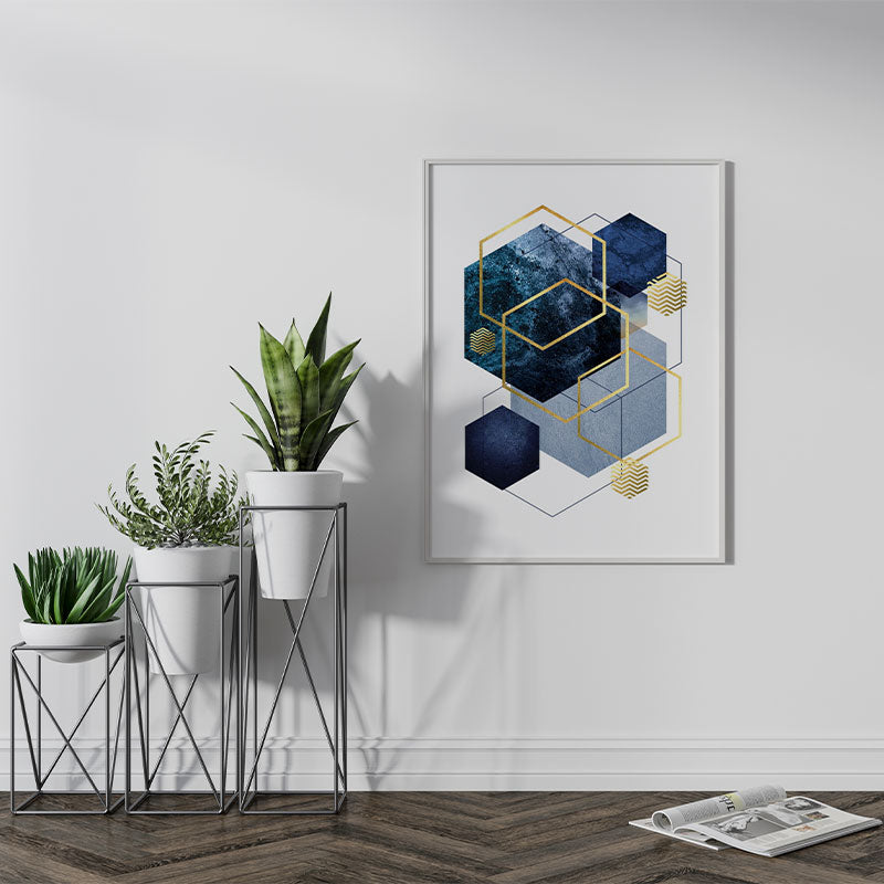 Quadro Decorativo Geométrico Hexágonos Azuis