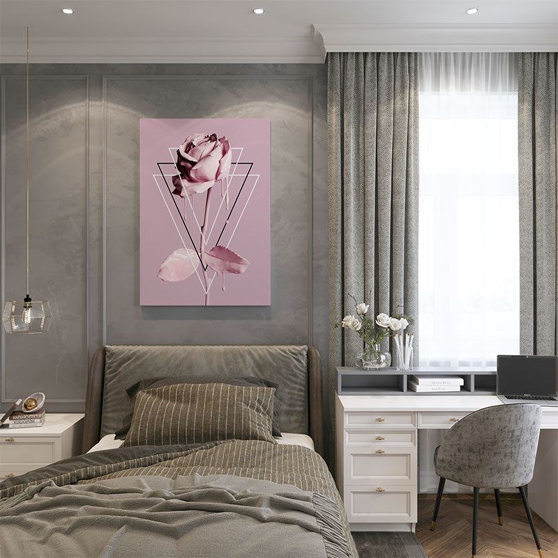 Quadro Decorativo Geométrico Rosa Pendurado Acima de Cama de Solteiro.