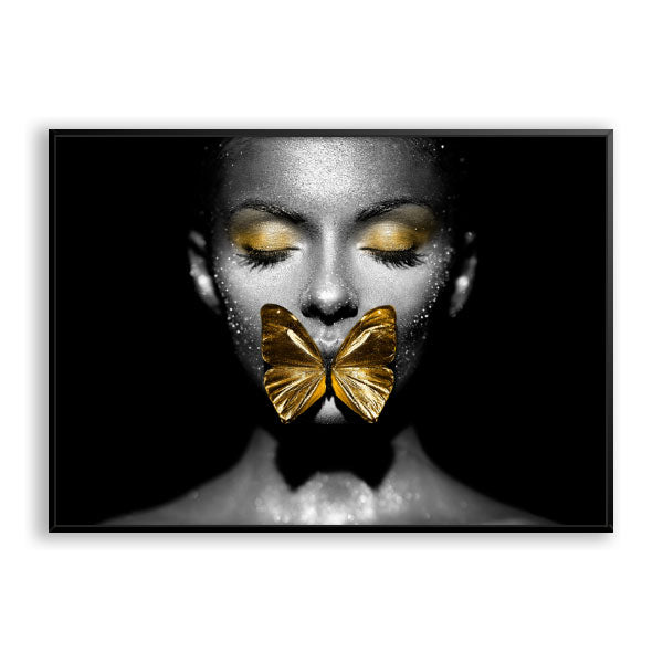Quadro Decorativo Mulher Com Borboleta Moldura Filete Preta
