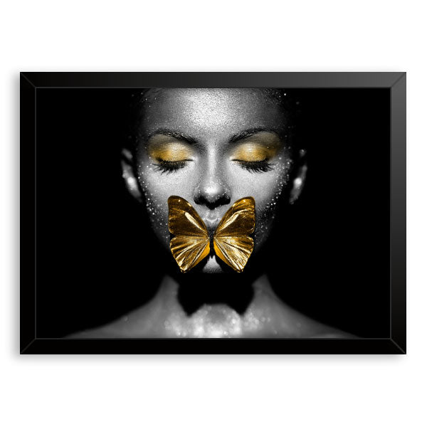 Quadro Decorativo Mulher Com Borboleta Moldura Tradicional Preta