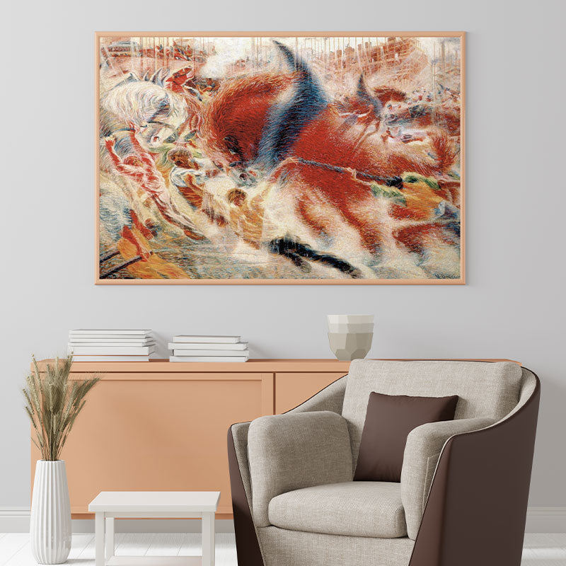 Quadro Decorativo O Despertar Da Cidade Pendurado Acima de Móvel de Madeira.