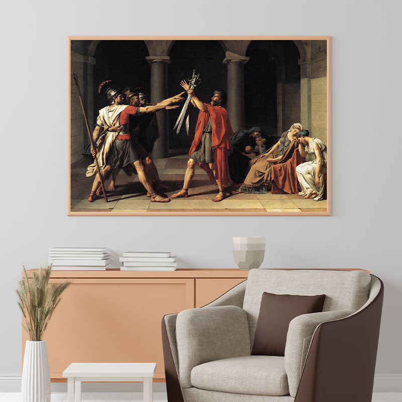 Quadro Decorativo O Juramento dos Horácios Pendurado Acima de Móvel de Madeira.