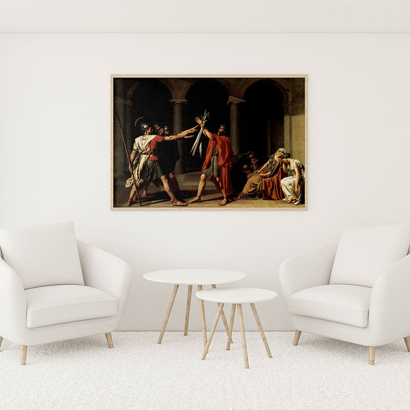 Quadro Decorativo O Juramento dos Horácios Pendurado em Parede Branca.