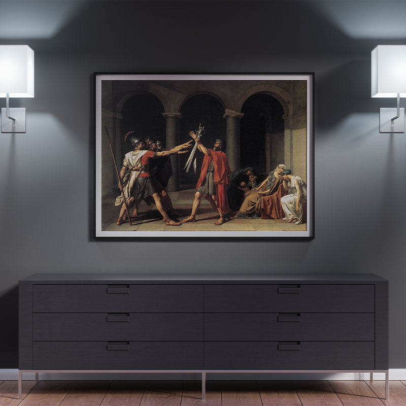 Quadro Decorativo O Juramento dos Horácios Pendurado em Parede Preta.