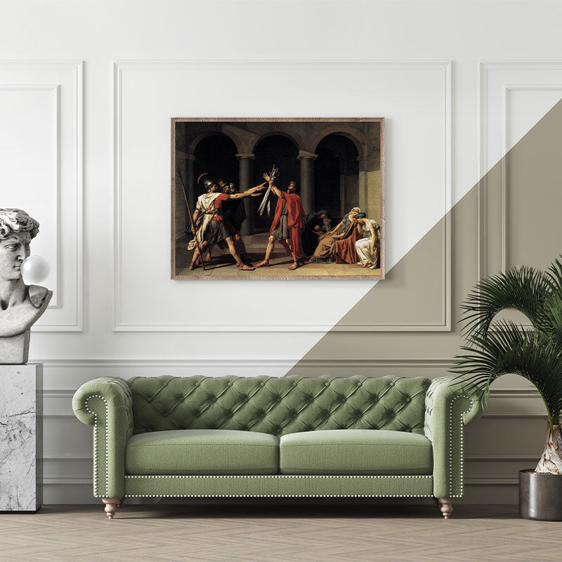 Quadro Decorativo O Juramento dos Horácios Pendurado Acima de Sofá Verde.