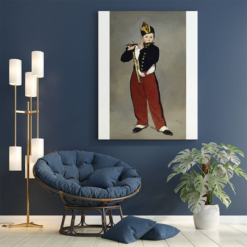 Quadro Decorativo O Tocador de Pífaro Pendurado em Parede Azul.