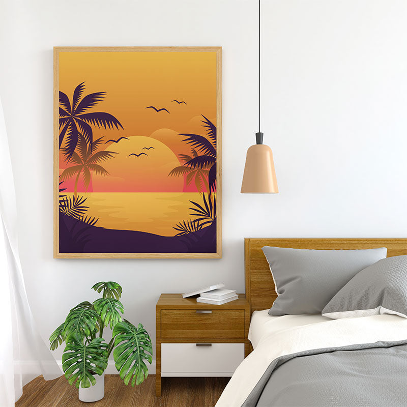 Quadro Decorativo Praiano Pendurado ao Lado de Cama de Casal.