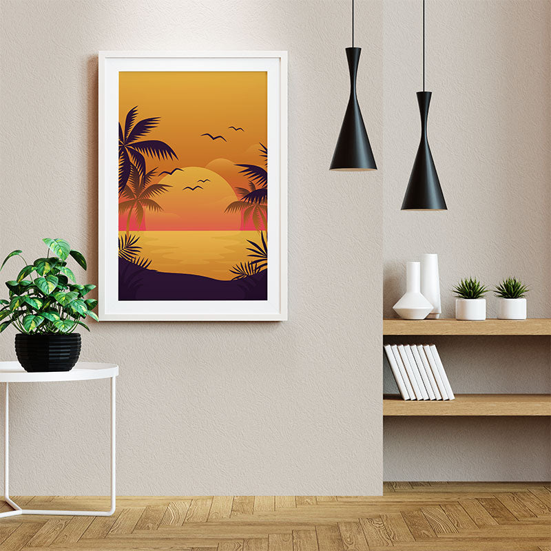 Quadro Decorativo Praiano Pendurado ao Lado de Luminárias Pretas.