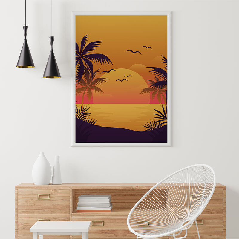 Quadro Decorativo Praiano Pendurado Acima de Móvel de Madeira.