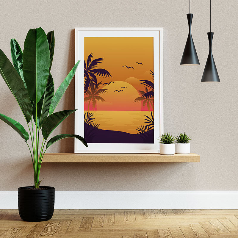 Quadro Decorativo Praiano Pendurado ao Lado de Planta Verde.