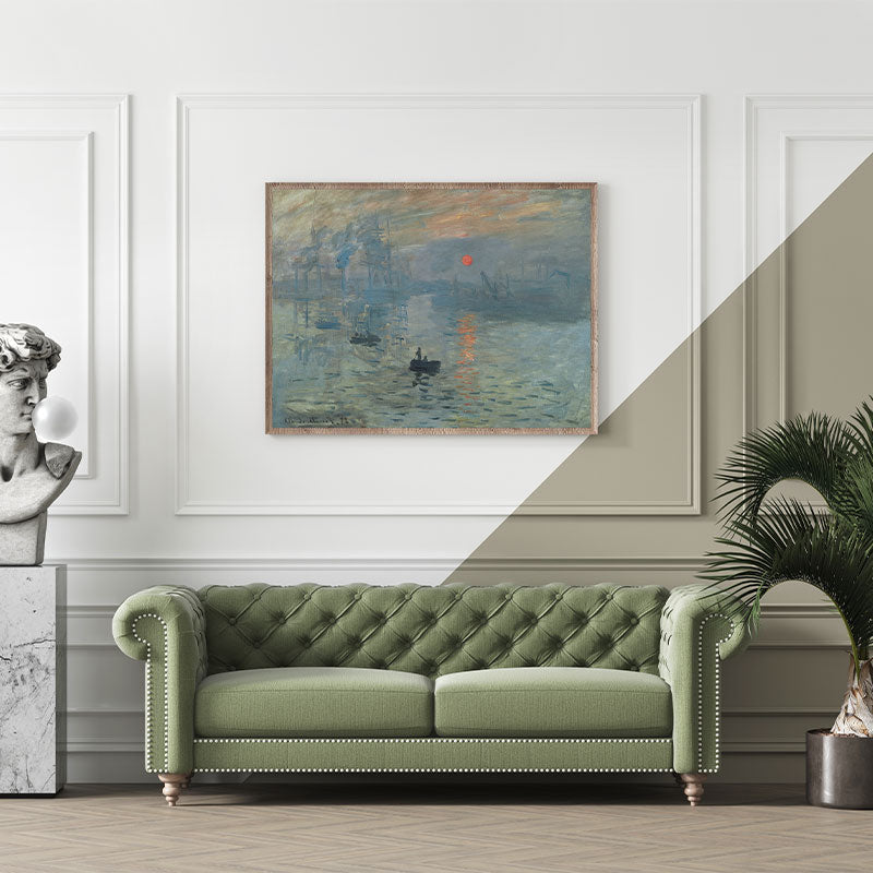 Quadro Impressão nascer do Sol Pendurado Acima de Sofá Verde.