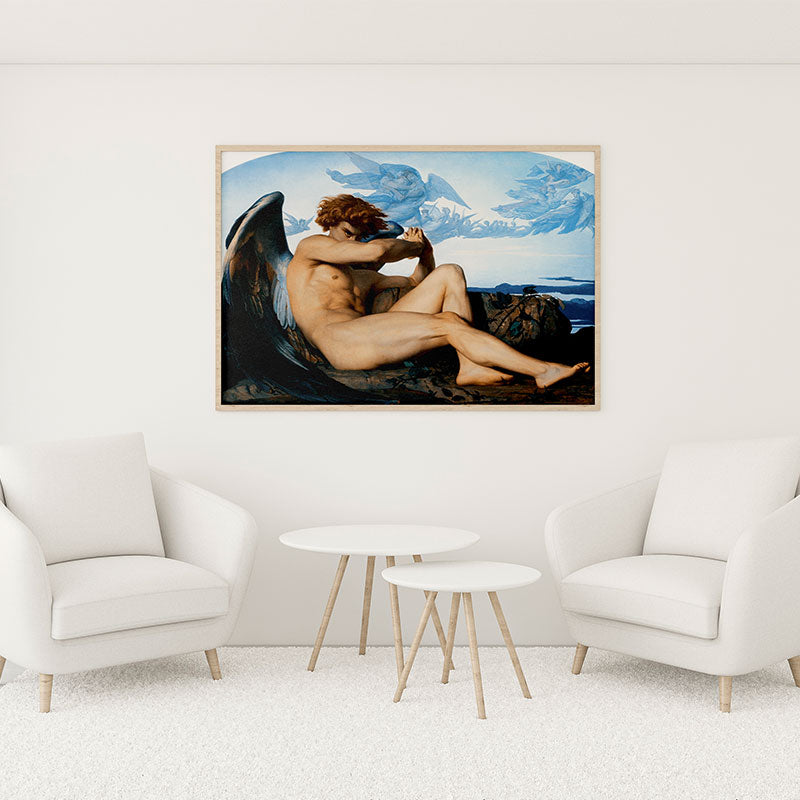 Quadro Lúcifer O Anjo Caído de Alexandre Cabanel emoldurado em madeira clara, decorando uma parede branca