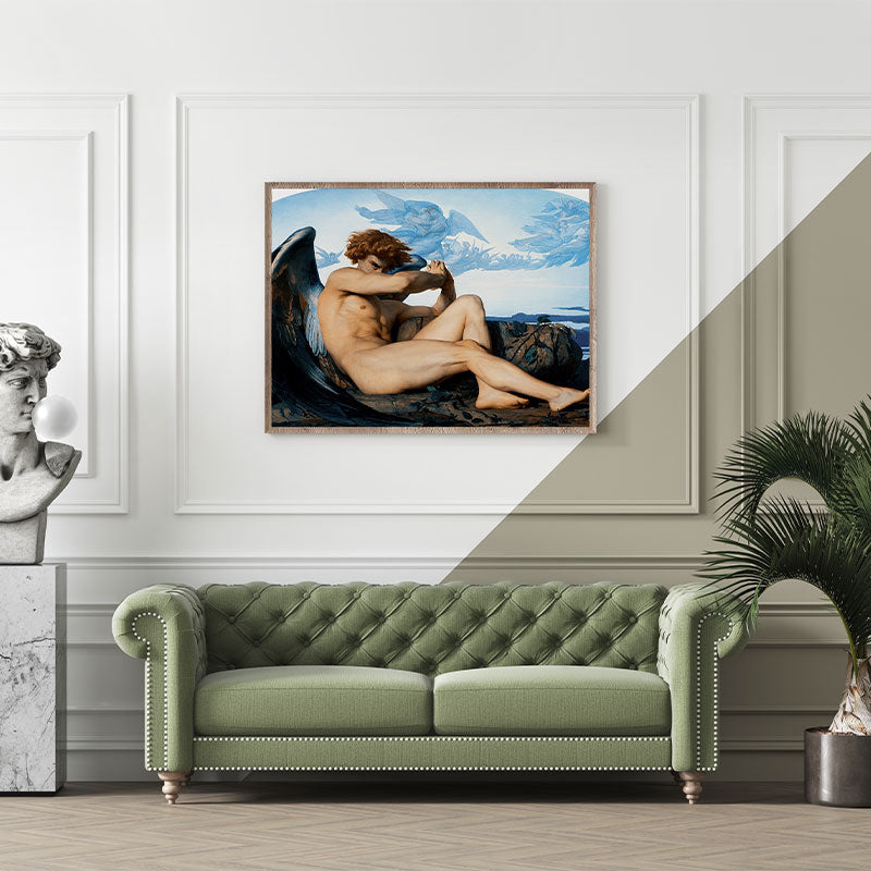 Quadro Lúcifer O Anjo Caído de Alexandre Cabanel emoldurado, decorando uma sala clássica com sofá verde