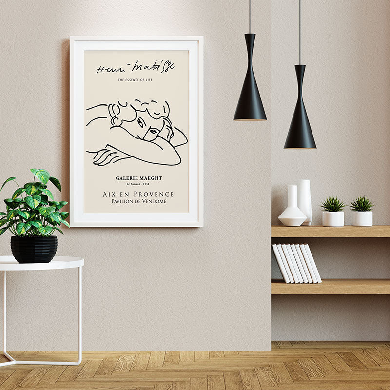 Quadro Minimalista Mulher Matisse Pendurado ao Lado de Luminárias Pretas.