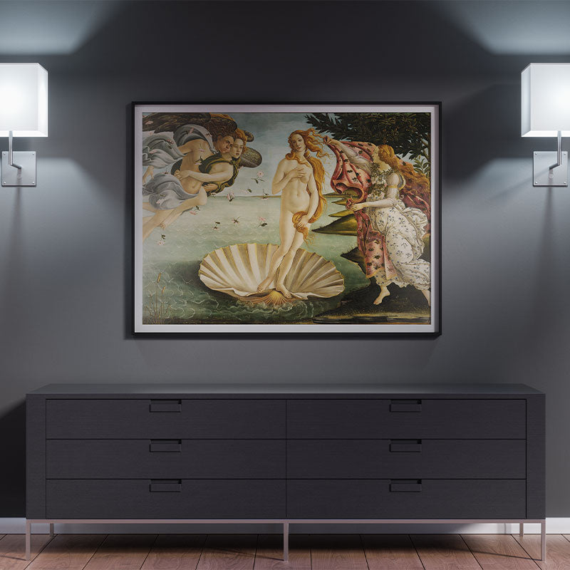 Quadro O Nascimento de Vênus Botticelli Pendurado em Parede Preta.