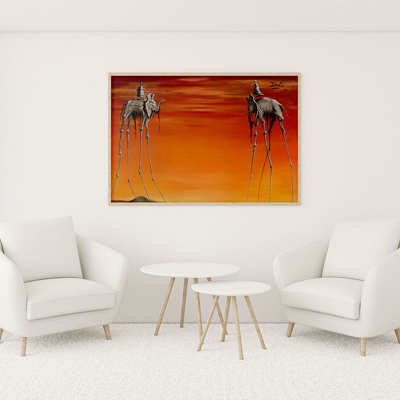 Quadro Os Elefantes Salvador Dalí Pendurado em Parede Branca.