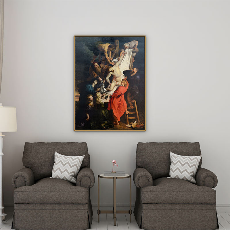 Quadro Decorativo A Descida da Cruz Pendurado em Parede Cinza.