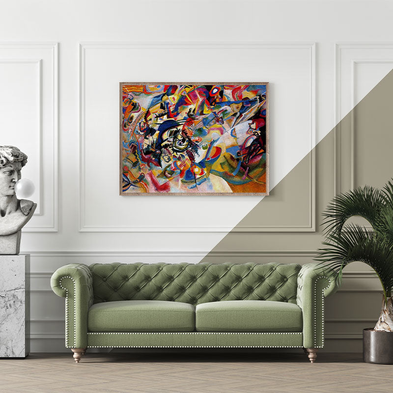 Quadro Decorativo Composição VII Pendurado Acima de Sofá Verde.