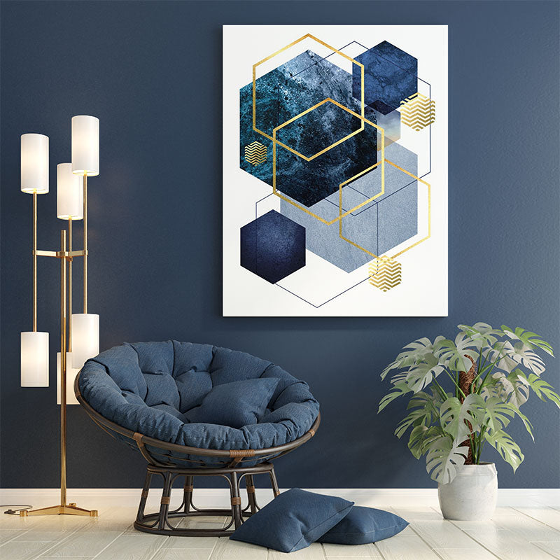 Quadro Decorativo Geométrico Hexágonos Azuis
