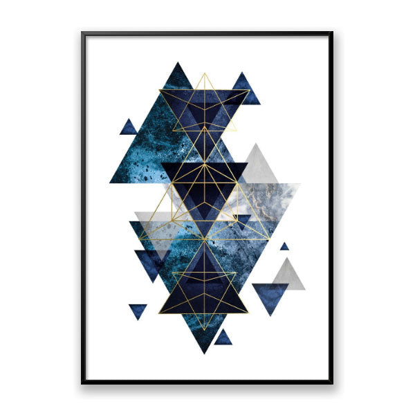 Quadro Decorativo Geométrico Triângulos Azuis Moldura Filete Preta