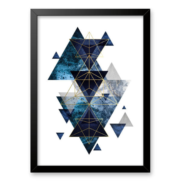 Quadro Decorativo Geométrico Triângulos Azuis Moldura Tradicional Preta