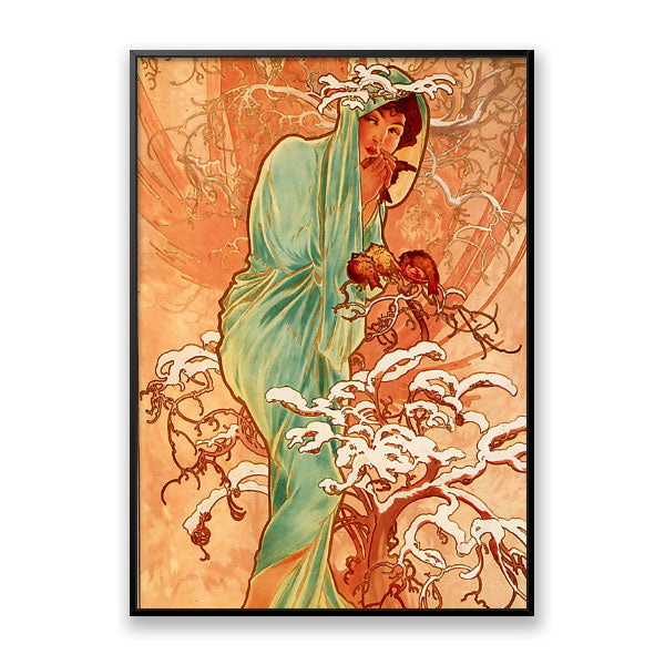 Quadro Decorativo Inverno Alphonse Mucha Moldura Filete Preta