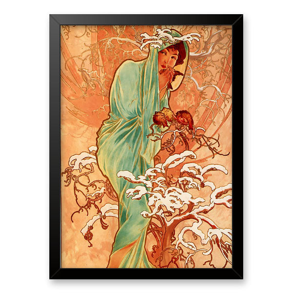 Quadro Decorativo Inverno Alphonse Mucha Moldura Tradicional Preta