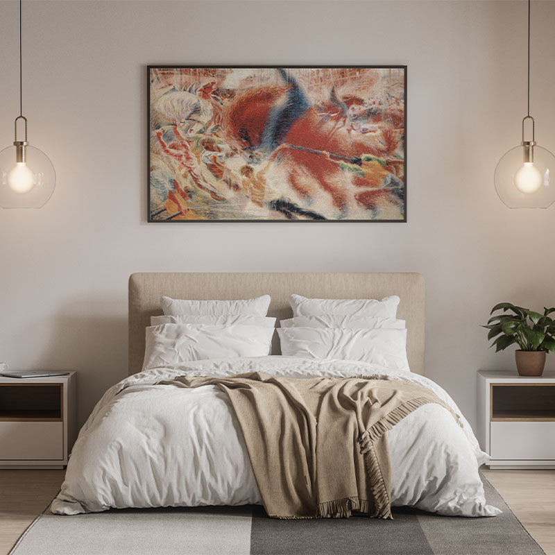 Quadro Decorativo O Despertar Da Cidade Pendurado Acima de Cama de Casal.
