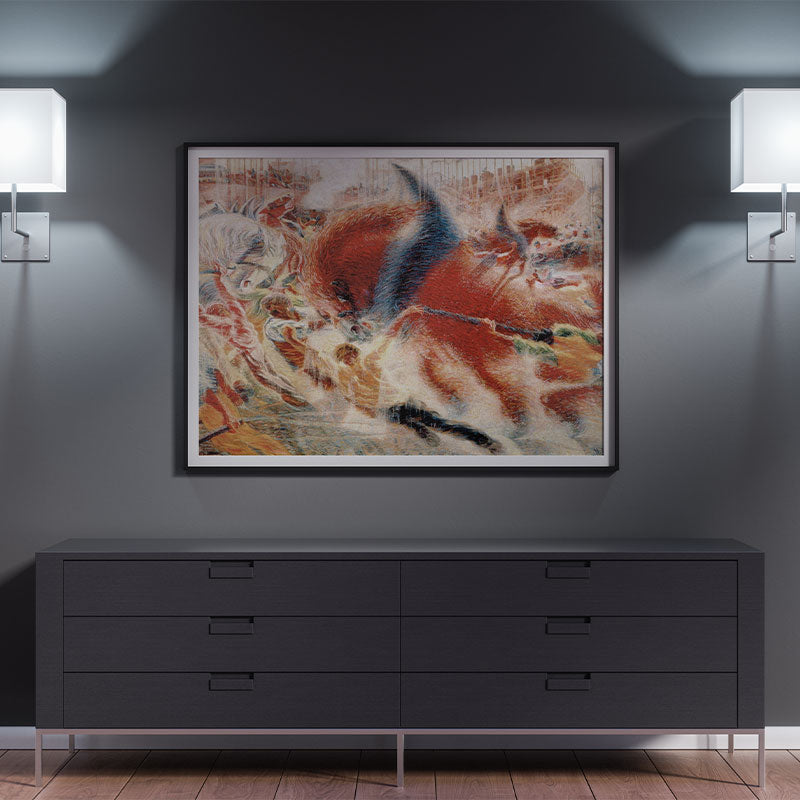 Quadro Decorativo O Despertar Da Cidade Pendurado em Parede Preta.