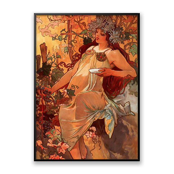 Quadro Decorativo Outono Alphonse Mucha Moldura Filete Preta