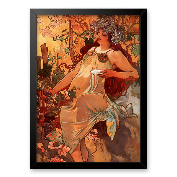 Quadro Decorativo Outono Alphonse Mucha Moldura Tradicional Preta