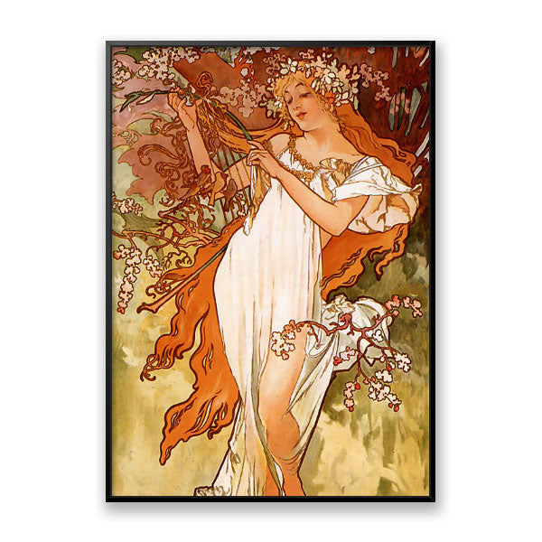 Quadro Decorativo Primavera Alphonse Mucha Moldura Filete Preta