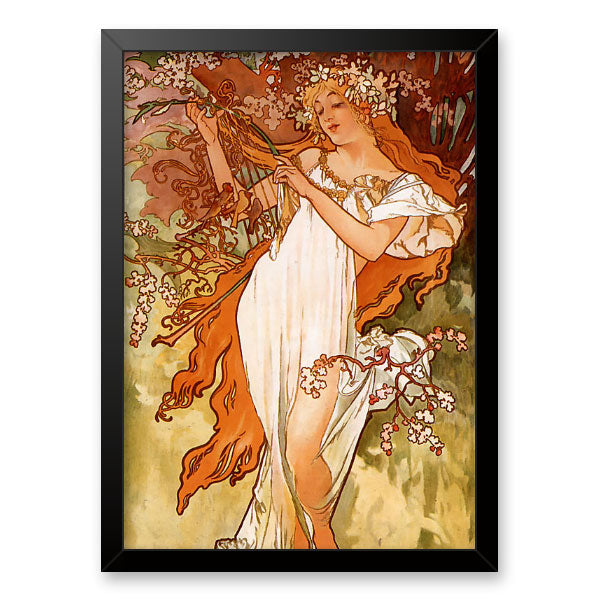 Quadro Decorativo Primavera Alphonse Mucha Moldura Tradicional Preta