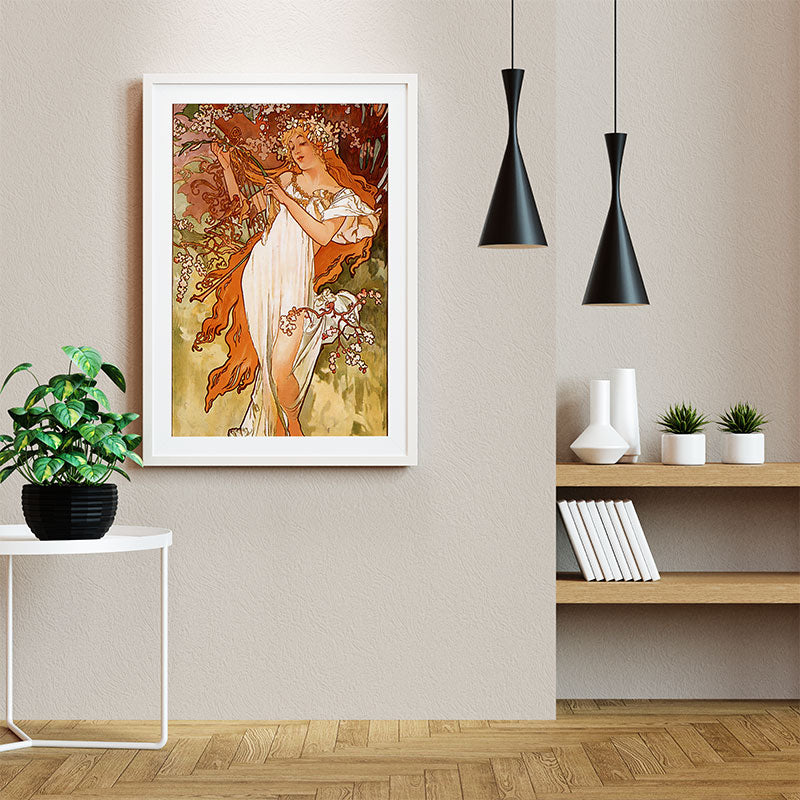 Quadro Decorativo Primavera Pendurado ao Lado de Luminárias Pretas.