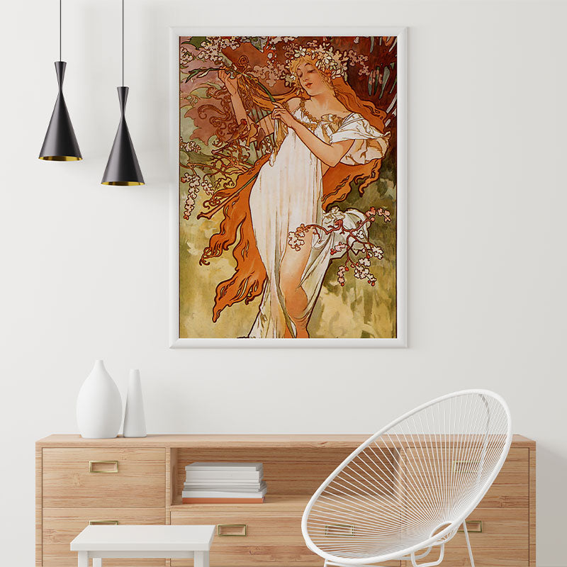 Quadro Decorativo Primavera Pendurado Acima de Móvel de Madeira.