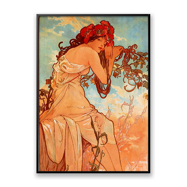 Quadro Decorativo Verão Alphonse Mucha Moldura Filete Preta