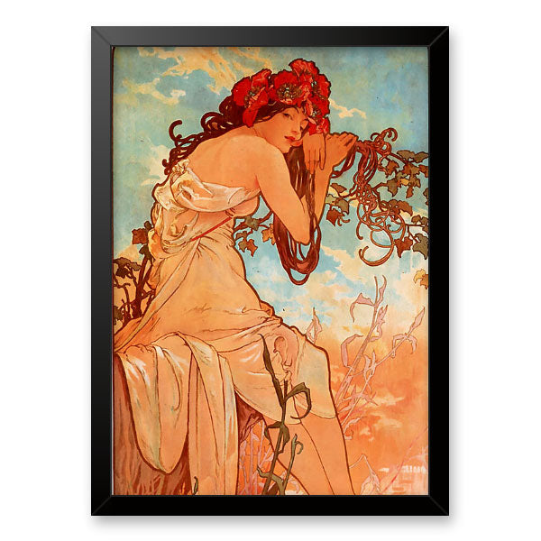 Quadro Decorativo Verão Alphonse Mucha Moldura Tradicional Preta